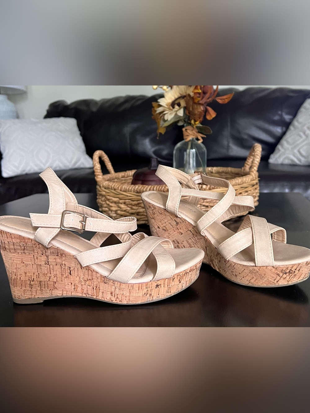 Neutral Beige Cork Wedge Sandals with Ankle Strap